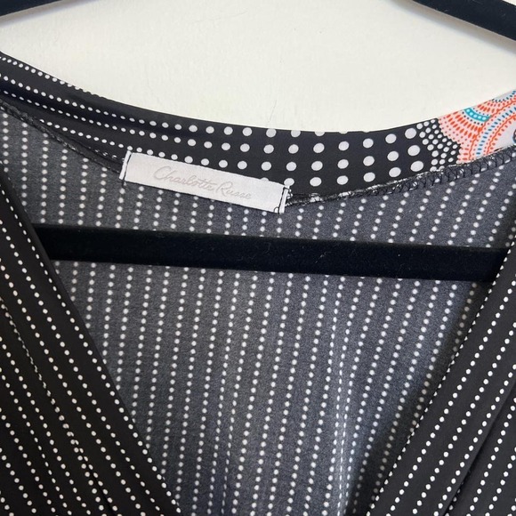 Y2K Charlotte Russe Baby Doll V Neck Top with Tie Black Polkadot and Patterned L - Picture 6 of 8